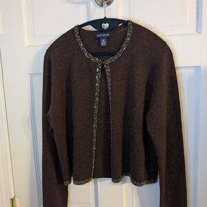 Ann Taylor Brown Cropped Cardigan with Beaded Trim Wool/Angora Size Large